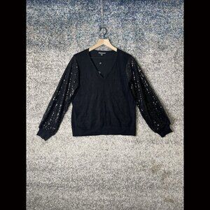 Adrianna Papell Women’s  Mock Ruffle Neck Sequin Sleeve Sweater Size M Black NWT